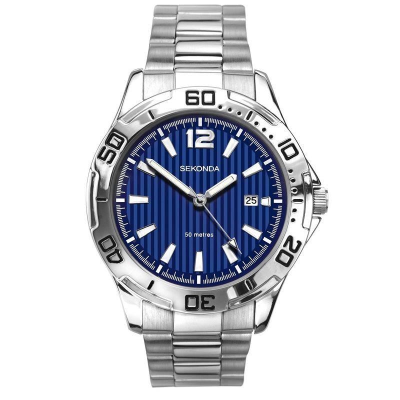 Silver Sekonda watch with a blue face on a white background