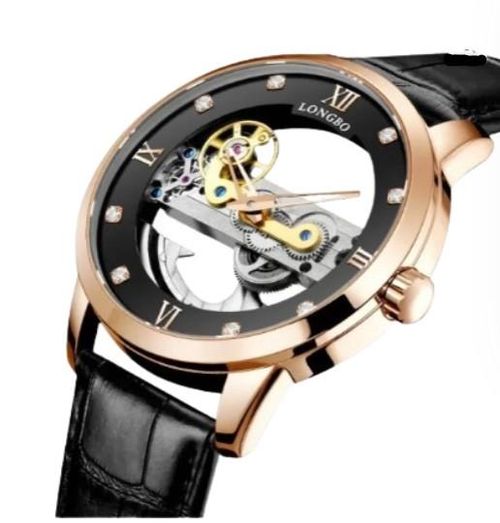NY London Mens Automatic Hollow mechanical Dial Analogue Rose Brown/Black Leather Strap Watch from Longbo