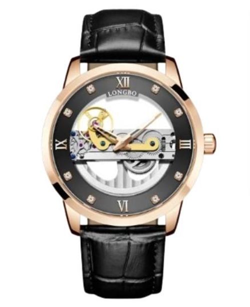 NY London Mens Automatic Hollow mechanical Dial Analogue Rose Brown/Black Leather Strap Watch from Longbo