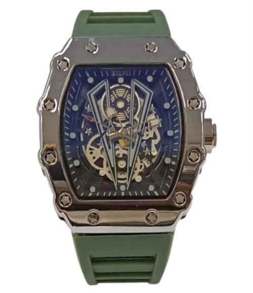 New Rubber Gents Solid Fashion Quartz Movement Screw Decoration Skeleton Dial Green Rubber Strap Watch from Longbo