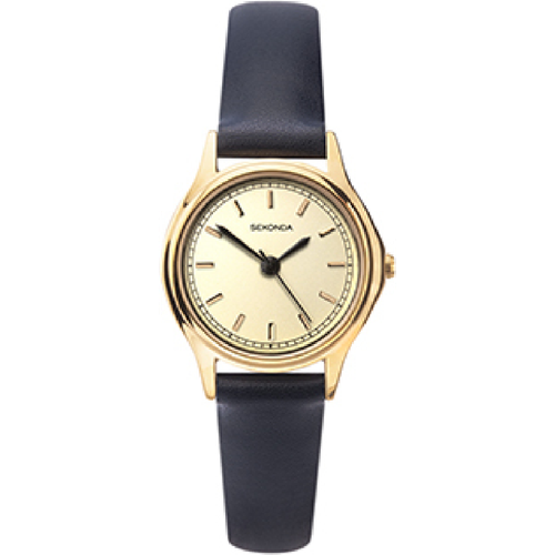 Sekonda Ladies Basic Round Gold Plated Dial Blue Leather Strap Watch 2813 from Sekonda