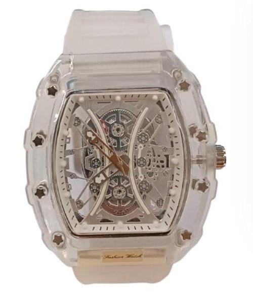 New Rubber Gents Clear Fashion Quartz Movement Skeleton Clear Dial White Rubber Strap Watch from Longbo