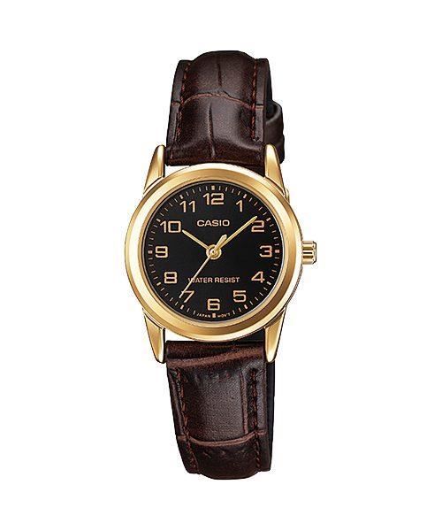 Casio Women's Analogue Black Dial Gold Case Brown Leather Strap Watch - LTP-V001GL-1BUDF from Casio