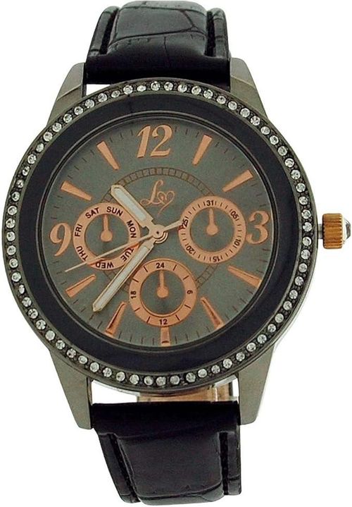 Lipsy London Ladies Bling Bezel Chrono Effect Dial Black Leather Strap Watch LP284 - CLEARANCE NEEDS RE-BATTERY from Binary