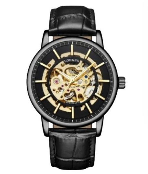 Longbo Mens Automatic Hollow mechanical Dial Analogue Gold Black Leather Strap Watch from Longbo