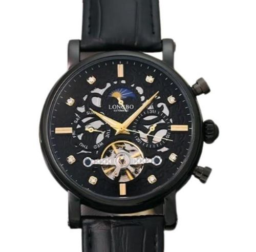 Longbo Mens Automatic Hollow mechanical Dial Analogue Gold Black/Black Leather Strap Watch from Longbo