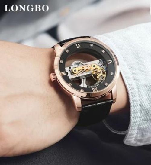 NY London Mens Automatic Hollow mechanical Dial Analogue Rose Brown/Black Leather Strap Watch from Longbo