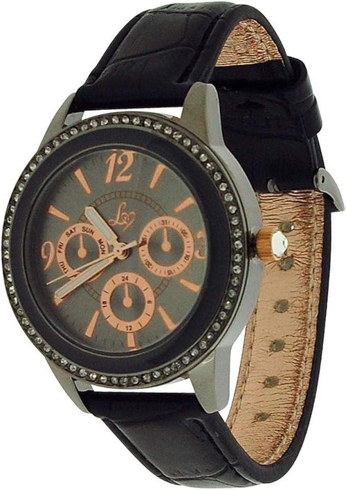 Lipsy London Ladies Bling Bezel Chrono Effect Dial Black Leather Strap Watch LP284 - CLEARANCE NEEDS RE-BATTERY from Binary