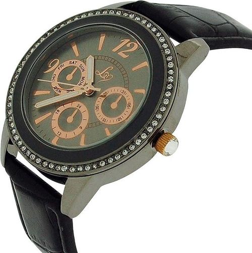 Lipsy London Ladies Bling Bezel Chrono Effect Dial Black Leather Strap Watch LP284 - CLEARANCE NEEDS RE-BATTERY from Binary