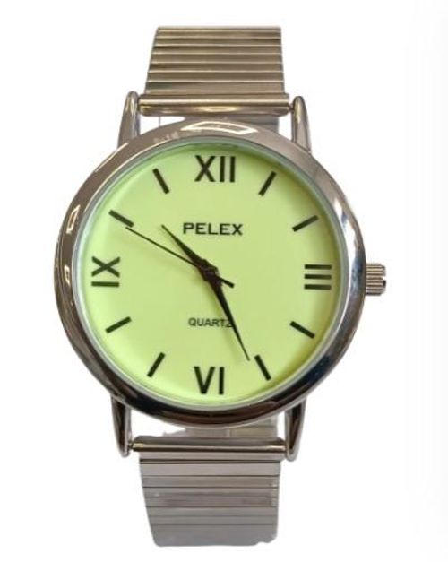 Pelex Mens Big Roman number Silver Case Night Glow Dial Silver Bracelet Strap Quartz Watch from Pelex
