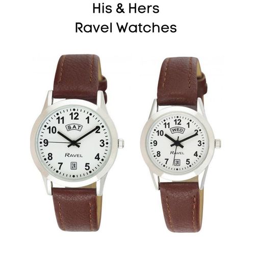 Ravel Mens Stainless Steel Day/Date Brown Faux Leather Strap Watch + Ravel Womens Stainless Steel Day/Date Brown Faux Leather Strap Watch R0706.41.1+ R0706.41.2 from N/A
