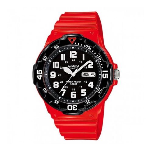Casio Mens Day Date Black Dial & Red Rubber Strap Watch - MRW-200HC-4BVDF from Casio