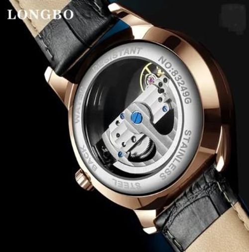 NY London Mens Automatic Hollow mechanical Dial Analogue Rose Brown/Black Leather Strap Watch from Longbo